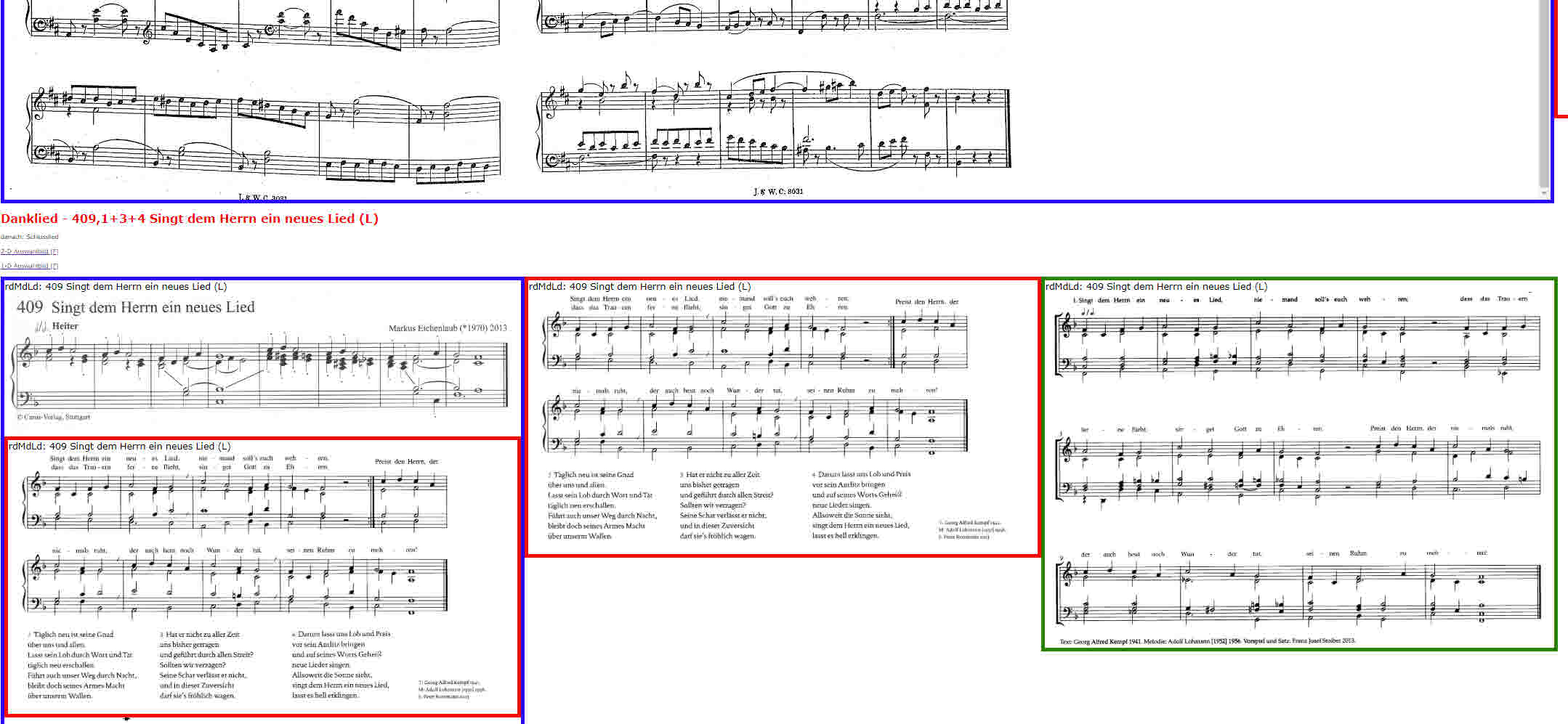 Ausschnitt aus einem Noten-'Cluster' mit Choralvorspiel und alternativen Choralbegleitsätzen