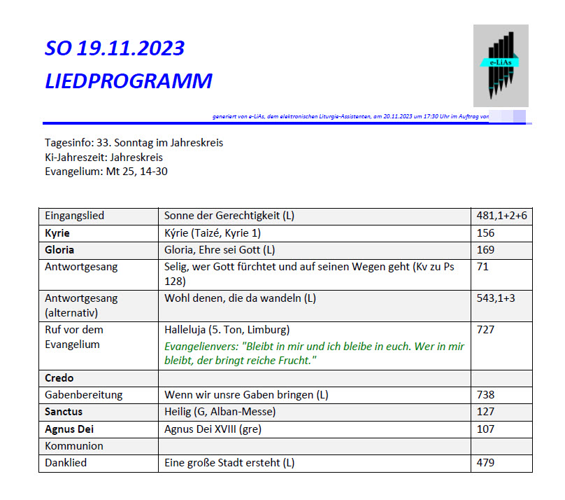 Generierter, druckfertiger Liedplan