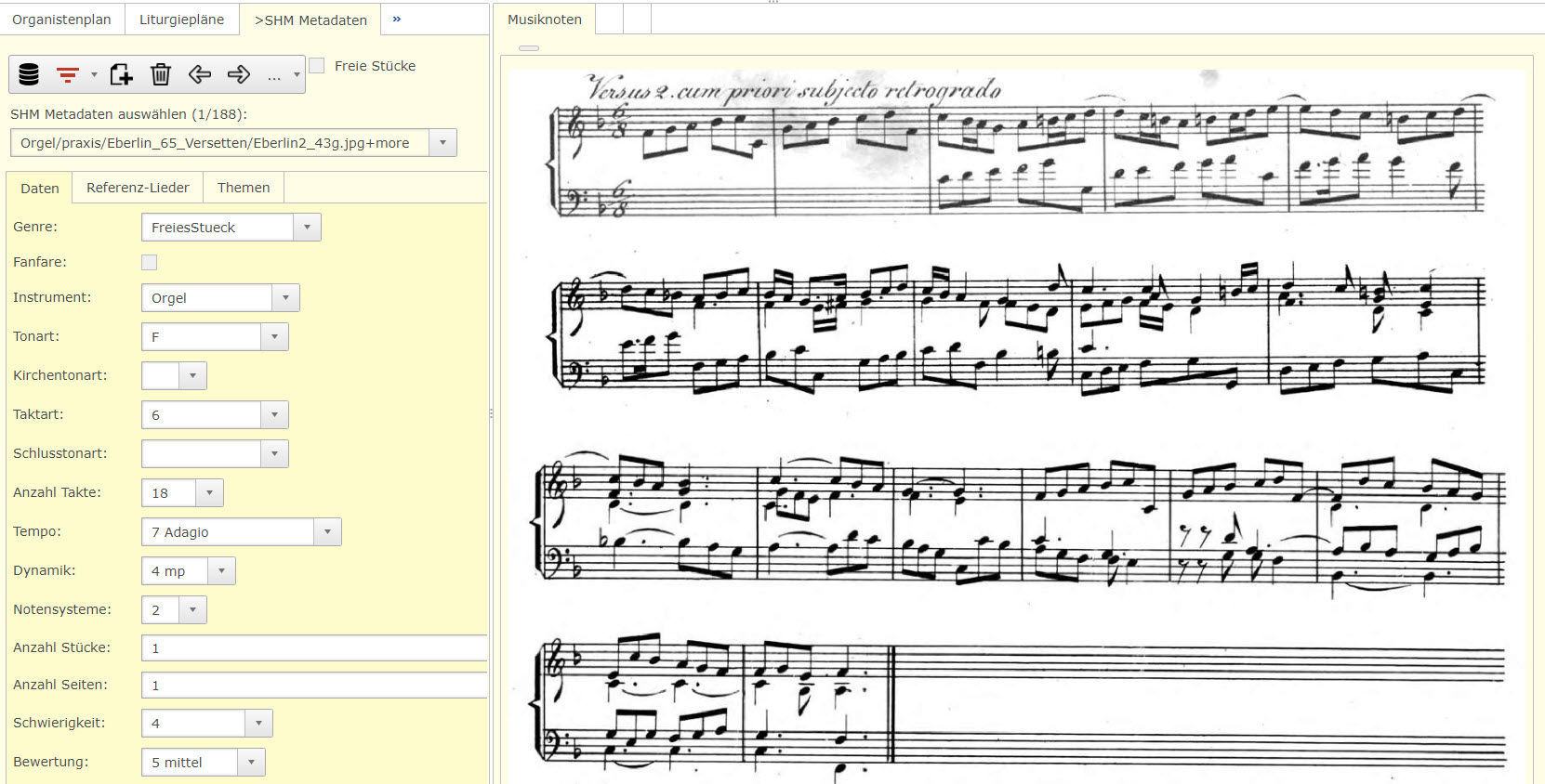 Daten und Ansicht eines digital archivierten Musikstücks.